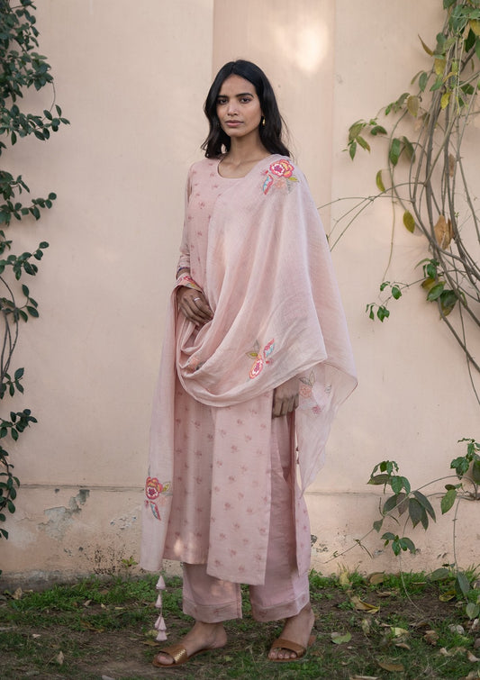Salmon Printed Applique Kurta Set
