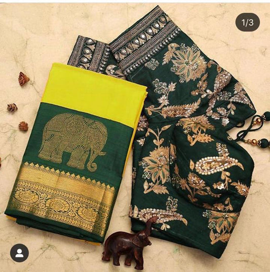 Valiba Lemon Green Extra Ordnary Jacquard Saree Designer Blouse