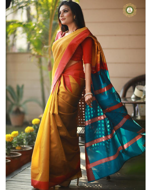 Valiba Yellow Triangular Beautiful Kanchipuram Jacquard Saree