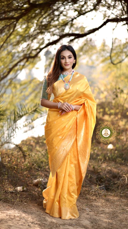 Valiba Yellow Banarasi Silk Weaving Jequared Saree
