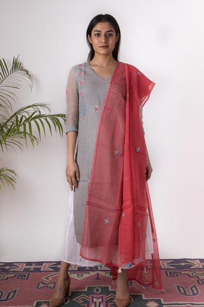 Adira' Hand Embroidered Grey kurta. 2pc set (kurta and dupatta)