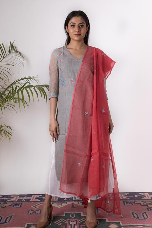 Adira' Hand Embroidered Grey kurta. 2pc set (kurta and dupatta)