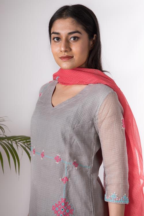Adira' Hand Embroidered Grey kurta. 2pc set (kurta and dupatta)
