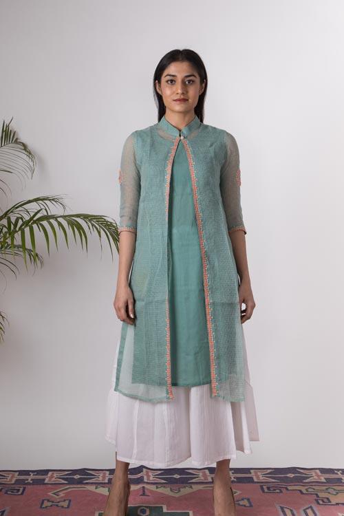 Rymaa' Hand Embroidered mint Kotta doriya kurti jacket . 3pc set (kurti with Slip and pant)