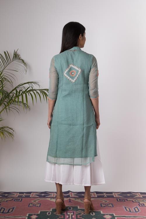 Rymaa' Hand Embroidered mint Kotta doriya kurti jacket . 3pc set (kurti with Slip and pant)