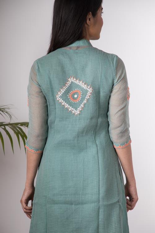 Rymaa' Hand Embroidered mint Kotta doriya kurti jacket . 3pc set (kurti with Slip and pant)