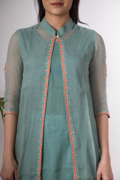 Rymaa' Hand Embroidered mint Kotta doriya kurti jacket . 3pc set (kurti with Slip and pant)