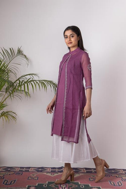 Aahana' Hand Embroidered purple Kotta doriya kurti jacket . 3pc set (kurti with Slip and pant)