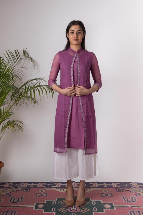 Aahana' Hand Embroidered purple Kotta doriya kurti jacket . 3pc set (kurti with Slip and pant)