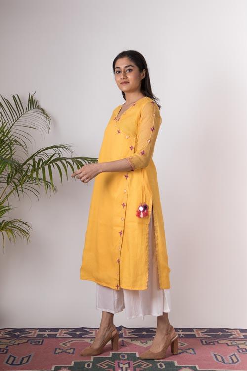 Alisha'Hand Embroidered yellow kotta doriya kurta . 2pc set (kurta and dupatta)