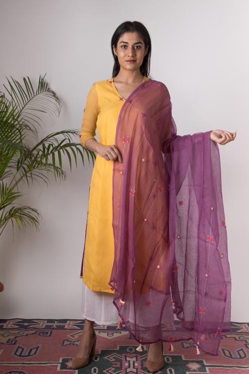 Alisha'Hand Embroidered yellow kotta doriya kurta . 2pc set (kurta and dupatta)
