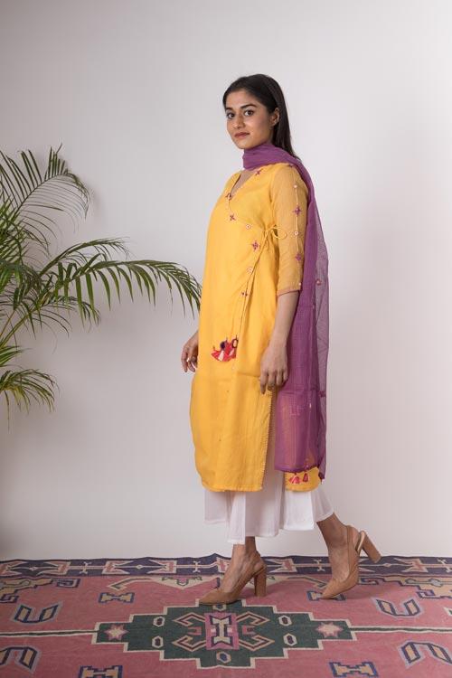 Alisha'Hand Embroidered yellow kotta doriya kurta . 2pc set (kurta and dupatta)