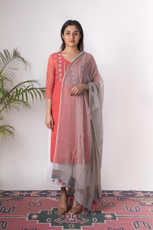Charu' Hand Embroidered pink kotta doriya kurta . 2pc set (kurta and dupatta)