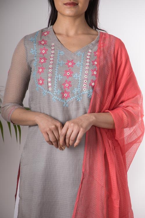 Dhara 'Hand Embroidered grey kotta doriya kurta . 2pc set (kurta and dupatta)