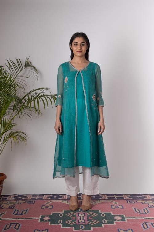 Isha'Hand Embroidered Teal Blue kotta doriya kurta . 3pc set (kurta along with slip and pant )