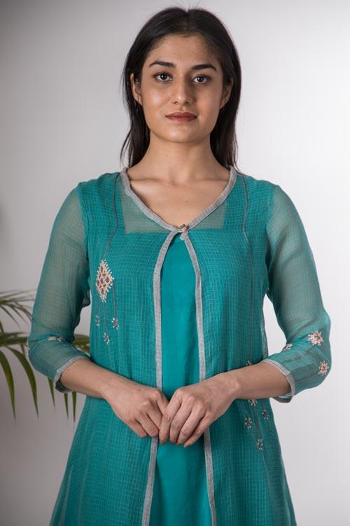 Isha'Hand Embroidered Teal Blue kotta doriya kurta . 3pc set (kurta along with slip and pant )