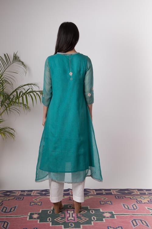 Isha'Hand Embroidered Teal Blue kotta doriya kurta . 3pc set (kurta along with slip and pant )