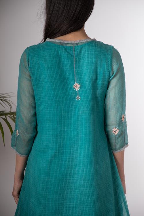 Isha'Hand Embroidered Teal Blue kotta doriya kurta . 3pc set (kurta along with slip and pant )