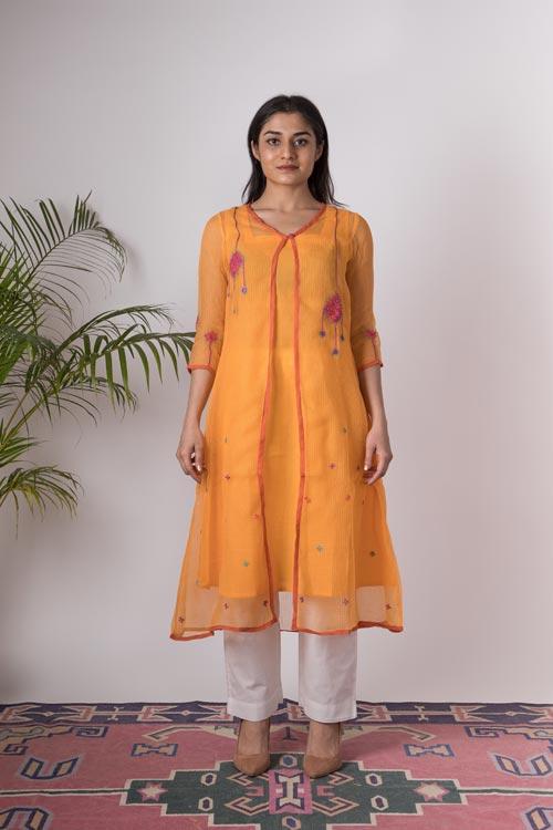 Aaesha'Hand Embroidered Yellow kotta doriya kurta . 3pc set (kurta along with slip and pant )