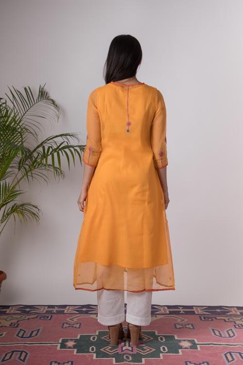 Aaesha'Hand Embroidered Yellow kotta doriya kurta . 3pc set (kurta along with slip and pant )