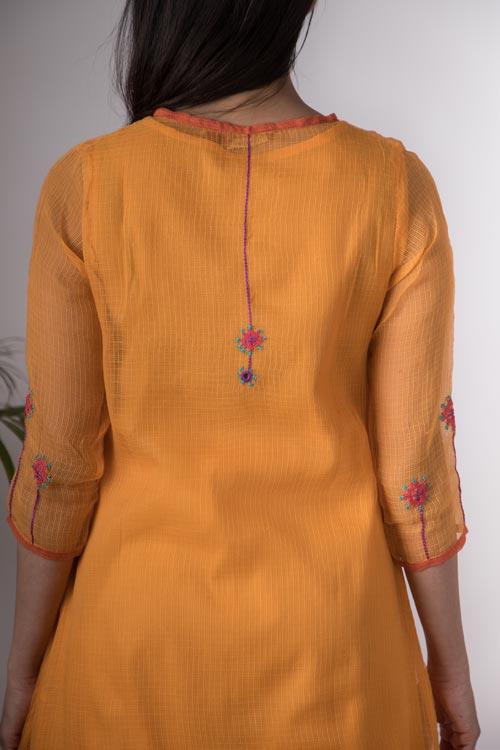 Aaesha'Hand Embroidered Yellow kotta doriya kurta . 3pc set (kurta along with slip and pant )