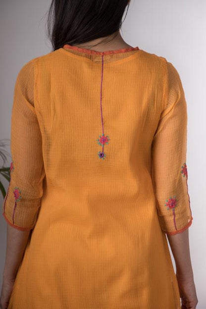 Aaesha'Hand Embroidered Yellow kotta doriya kurta . 3pc set (kurta along with slip and pant )