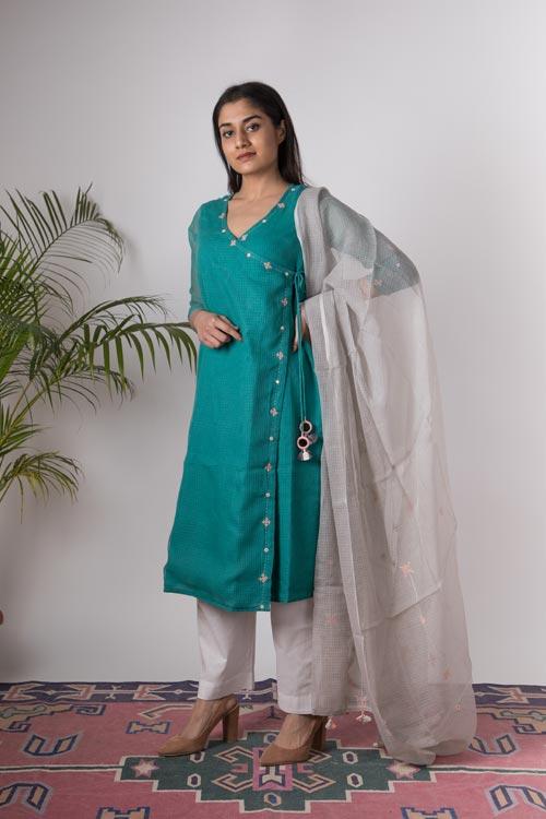 Lisa'Hand Embroidered Teal Blue kotta doriya kurta . 2pc set (kurta and dupatta)
