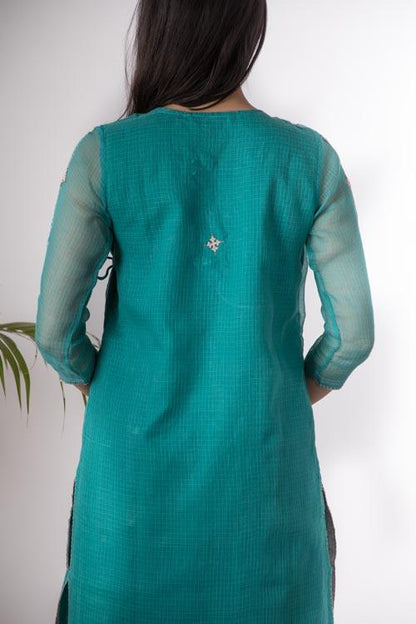 Isha'Hand Embroidered Teal Blue kotta doriya kurta . 3pc set (kurta along with slip and pant )