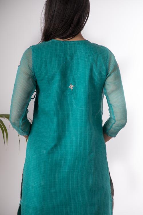 Lisa'Hand Embroidered Teal Blue kotta doriya kurta . 2pc set (kurta and dupatta)