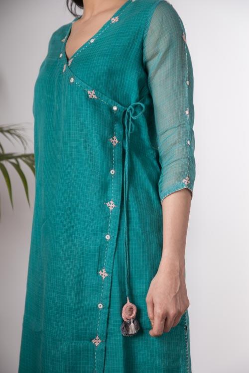Lisa'Hand Embroidered Teal Blue kotta doriya kurta . 2pc set (kurta and dupatta)