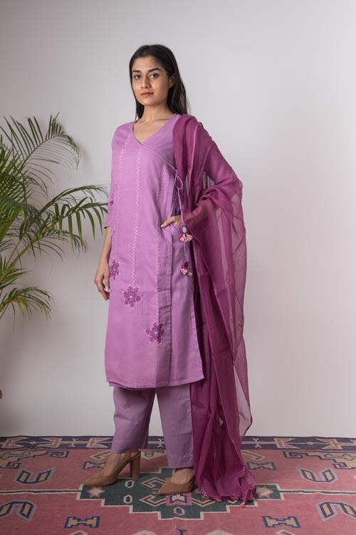 Dulari'Hand Embroidered lilac kotta doriya kurta . 2pc set (kurta and dupatta)