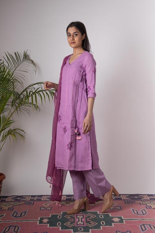 Dulari'Hand Embroidered lilac kotta doriya kurta . 2pc set (kurta and dupatta)