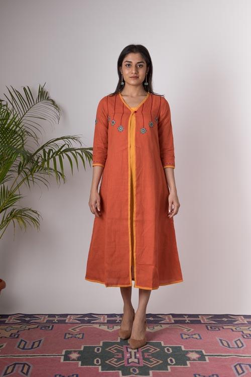 Anmol'Hand Embroidered Orange Kotta doriya dress . 2pc set (Jacket and Slip)