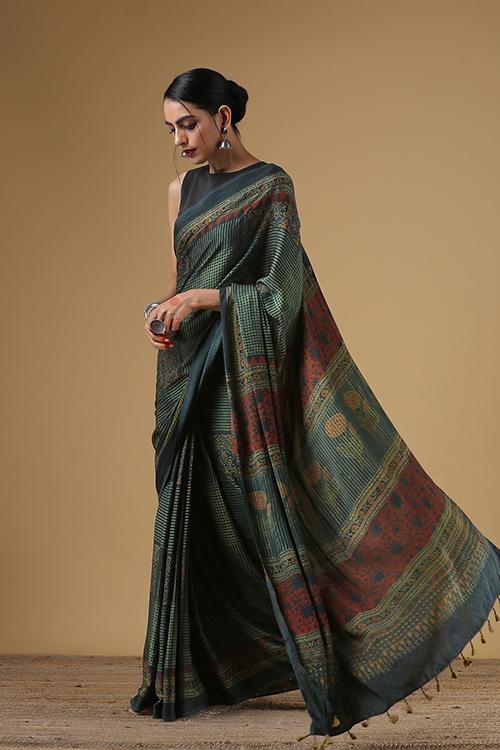 Handblock Printed Ajrakh Modal Green Buta Pallav-Grey Saree.