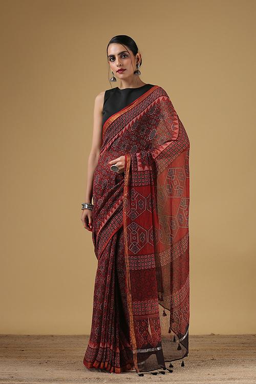 Handblock Printed Ajrakh Kota Cotton Mehraab Border Saree-Col Red.