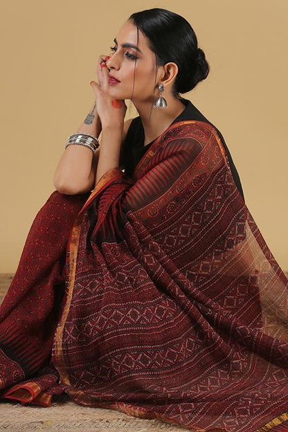 Handblock Printed Kota Cotton Ajrakh Geometraic Border Rust Saree.