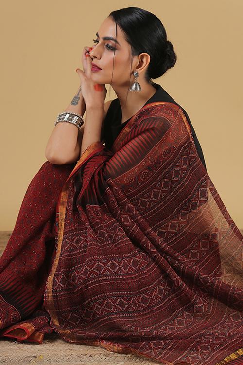 Handblock Printed Kota Cotton Ajrakh Geometraic Border Rust Saree.