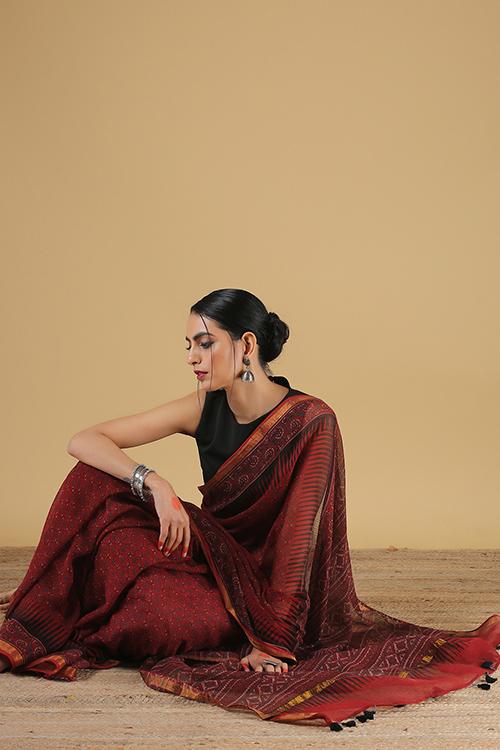 Handblock Printed Kota Cotton Ajrakh Geometraic Border Rust Saree.