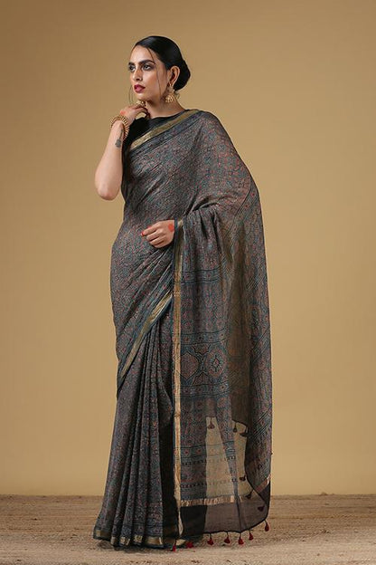 Handblock Printed Ajrakh Kota Silk Traditional Pallav Border Saree col Grey-Blue.
