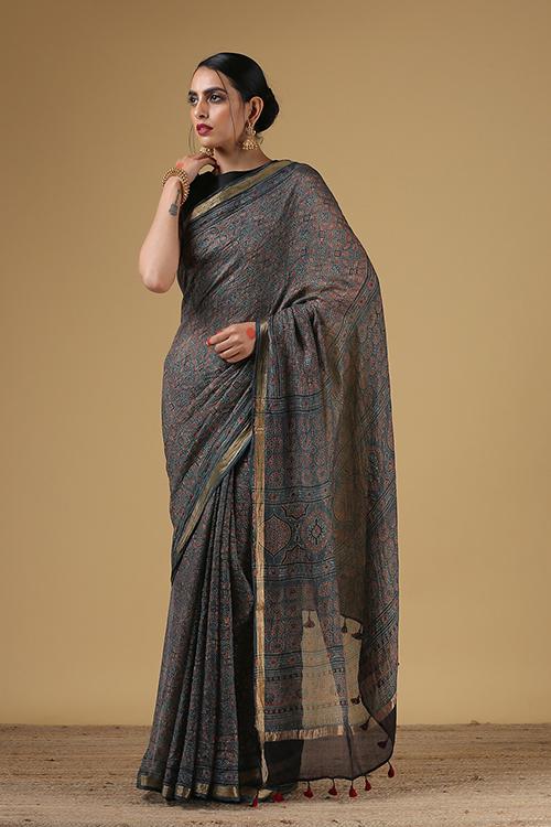 Handblock Printed Ajrakh Kota Silk Traditional Pallav Border Saree col Grey-Blue.