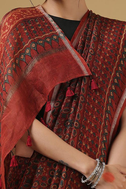 Handblock Printed Silk Linen Saree with Fita Flower Border.Col Rust.
