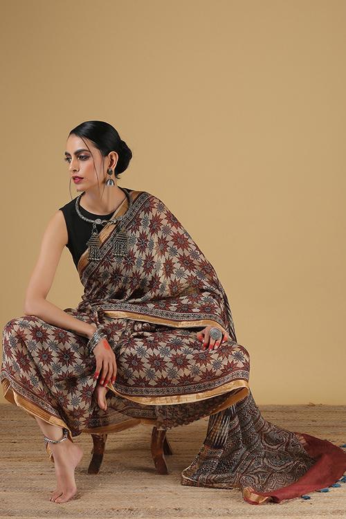 Handblock Printed Ajrakh Kota Silk Saree with Stripped Pallav. Col -White.
