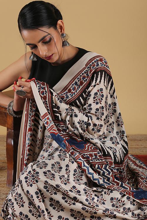 Handblock Printed Leheriya Pallav with Border Ajrakh Modal Saree- Col White.