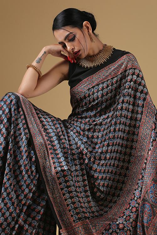 Handblock Printed Ajrakh Modal Saree with Tissue Pallu Geometric Border. Col Black.