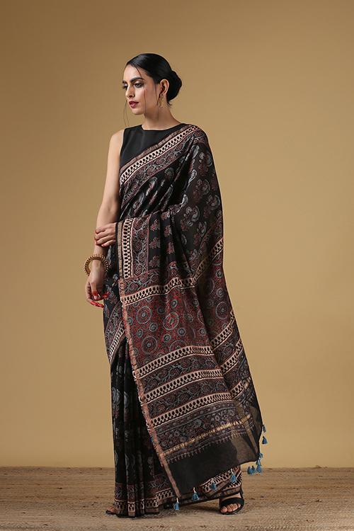 Handloom Printed Ajrakh Chanderi Kangdi Flower Pallav Saree- Col- Black