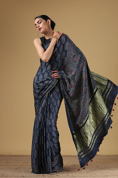 Handloom Printed Modal Ajrakh Kalamkari Border Pallav Saree With Tissue Pallu. Col-Blue.