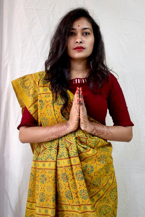 Handblock Printed Natural Dyed Cotton Saree Col- Mustard.20