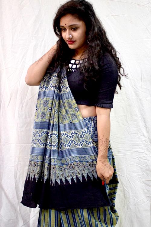 Handblock Printed Natural Dyed Cotton Saree Col- Grey Blue, Rust.18