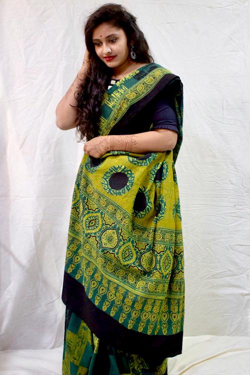 Handblock Printed Natural Dyed Cotton Saree Col- Yellow.8