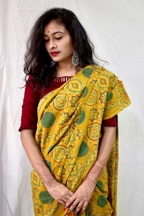 Handblock Printed Natural Dyed Cotton Saree Col-Mustard, Grey.9